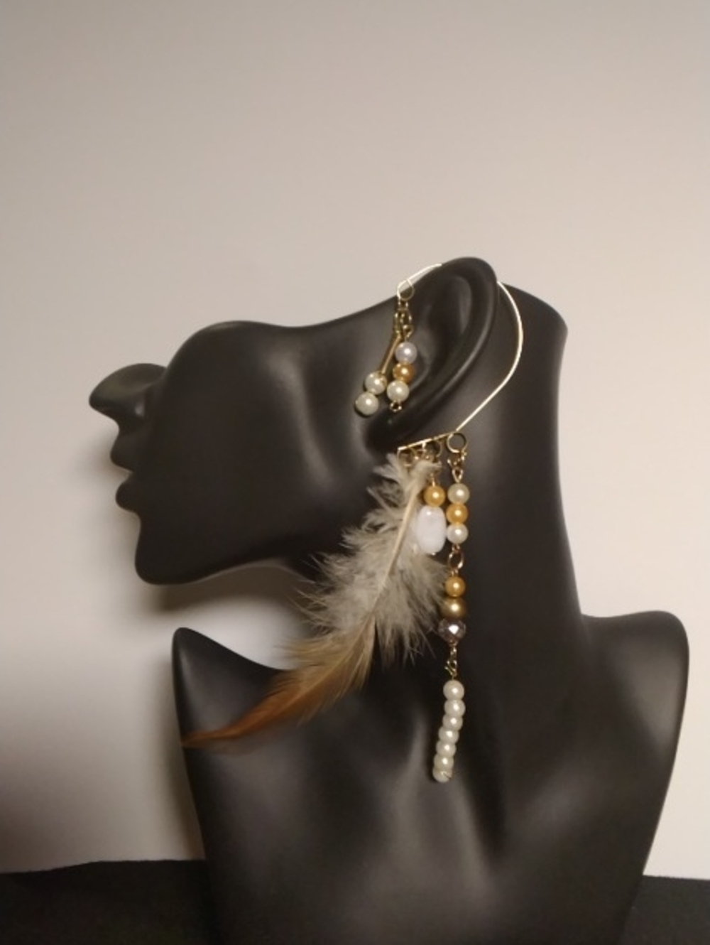 2 Hand Rafted Feather & Bead Cuff Earrings - Purple and Brown